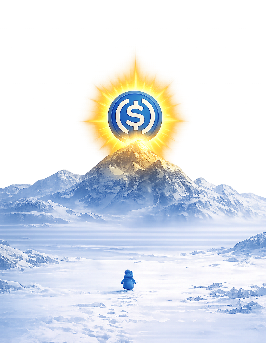 A lone penguin walking across the snow toward a glowing USDC sun above the mountains